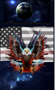 Bald eagle wielding multiple wargun battles with United States American flag behind it. In space. Planet Earth distant above flag and sun star behind Earth globe
